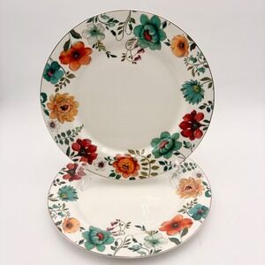 Monterey Bay Fine Porcelain Plates Set Floral Design Gold Rim Set of 2